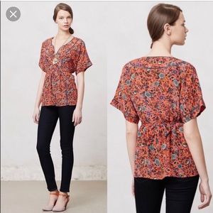 Anthropologie Maeve Red Silk Kimono Top Medium